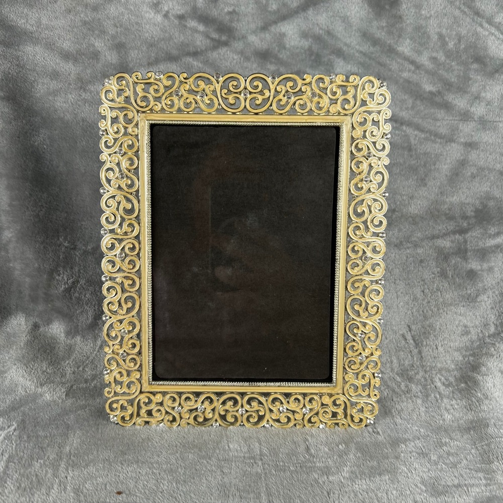 Vintage 5x7‎ Picture Frame Enameled Gold Scroll Rhinestone Ornate Scrollwork